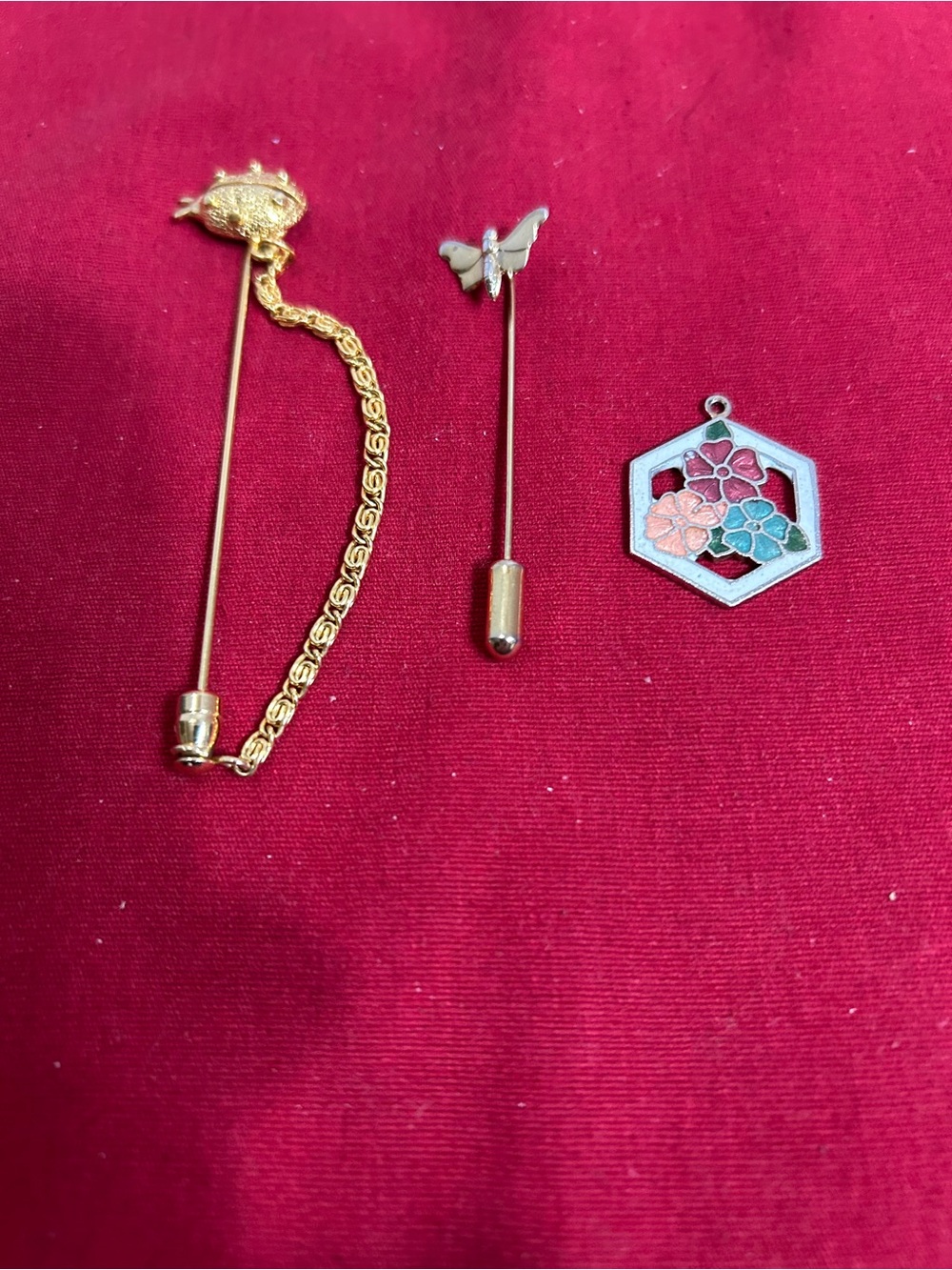 2 pins. 1 is a ladybug the other is a butterfly. 1 Cloisonné pendant